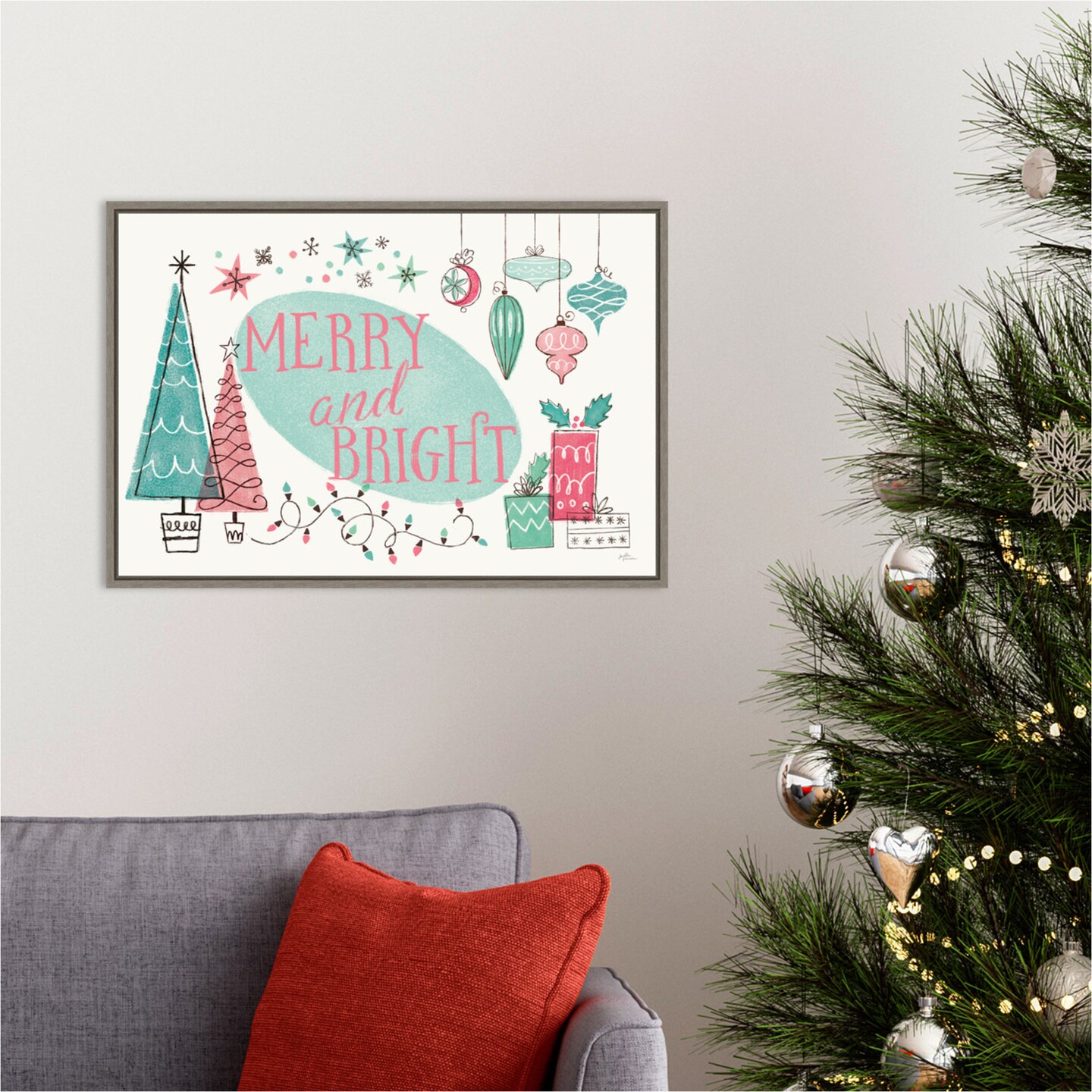 Retro Christmas I Bright by Janelle Penner 23-in. W x 16-in. H. Canvas Wall Art Print Framed in Grey