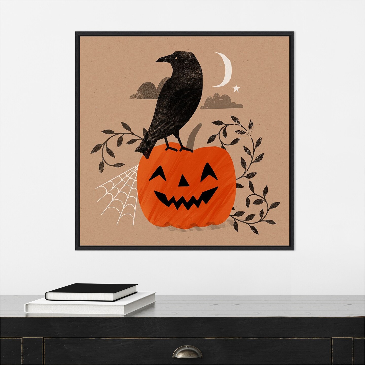Halloween Crow Graphic II by Victoria Barnes 22-in. W x 22-in. H. Canvas Wall Art Print Framed in Black