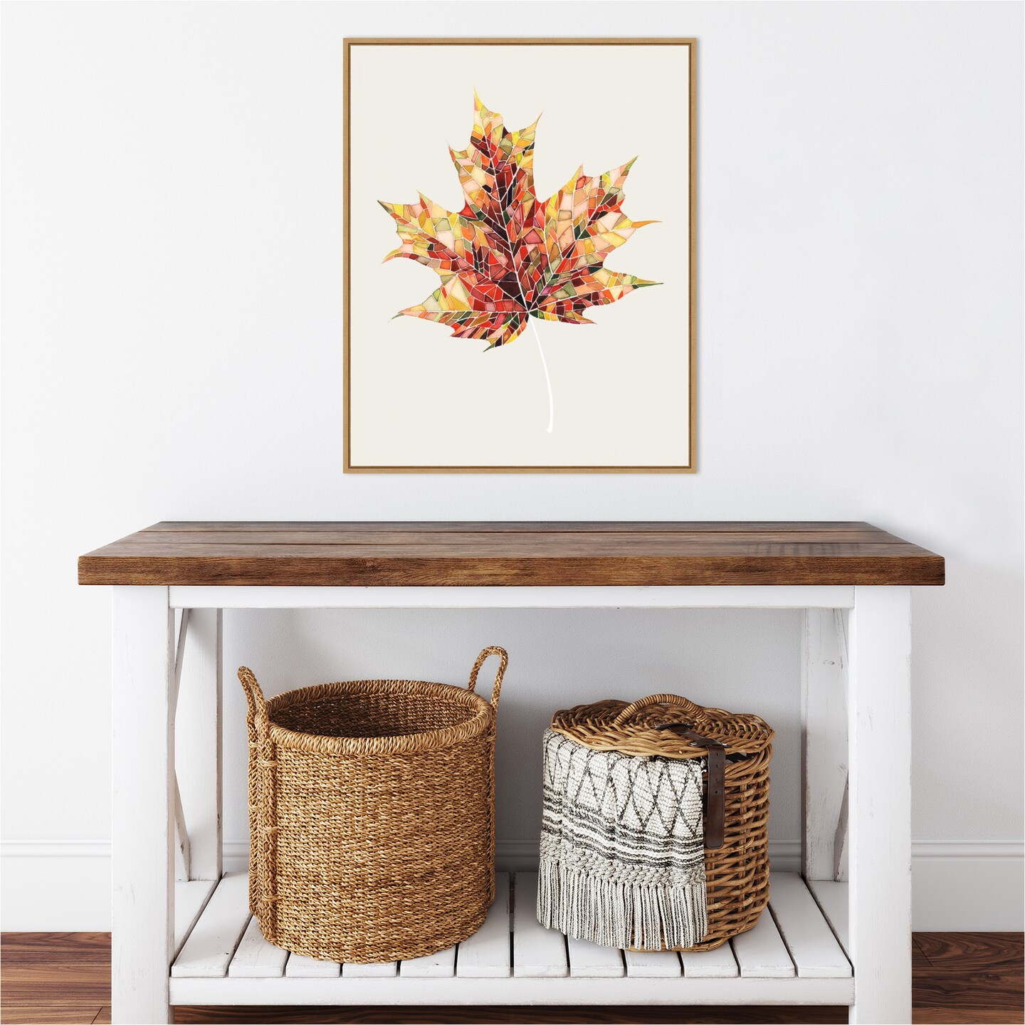 Fall Mosaic Leaf III by Grace Popp 23-in. W x 28-in. H. Canvas Wall Art Print Framed in Natural