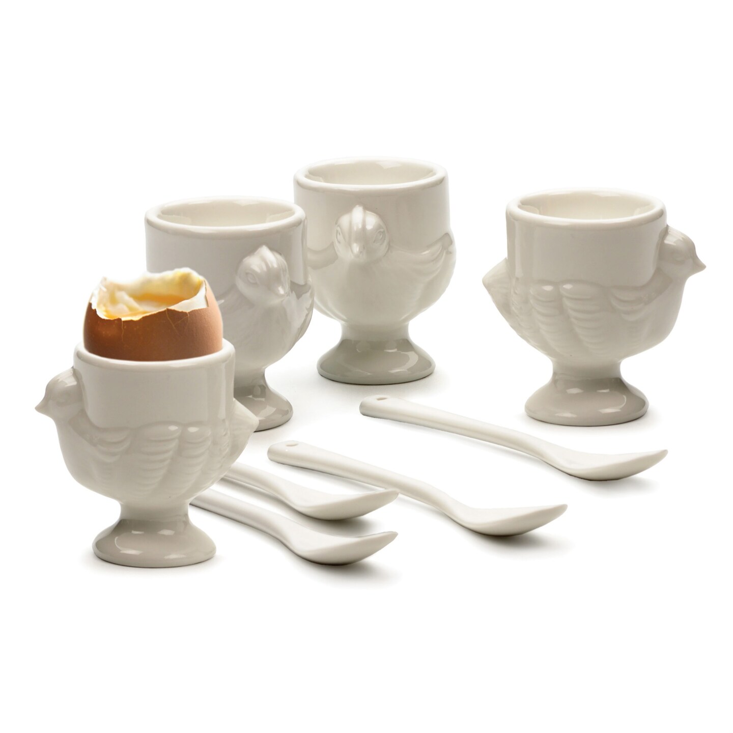 RSVP Intl Porcelain Egg Cups &#x26; Spoons - Set Of 8 (4C + 4Sp)