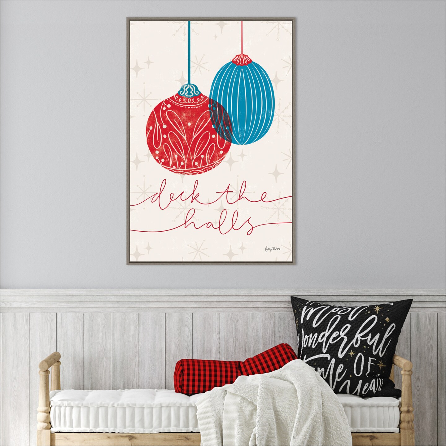 Retro Ornament V Red by Becky Thorns 23-in. W x 33-in. H. Canvas Wall Art Print Framed in Grey