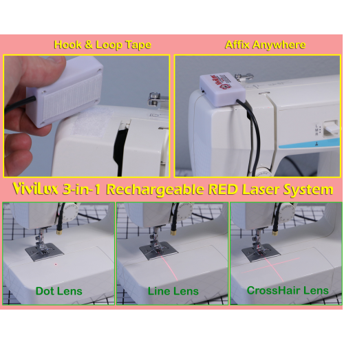 ViviLux 3-in-1 Rechargeable RED Laser System with Adjustable Line, Crosshairs and Dot Illumination Heads; Innovative Sewing and Quilting Notion for Precise Stitching; Mounts with HOOK AND LOOP TAPE