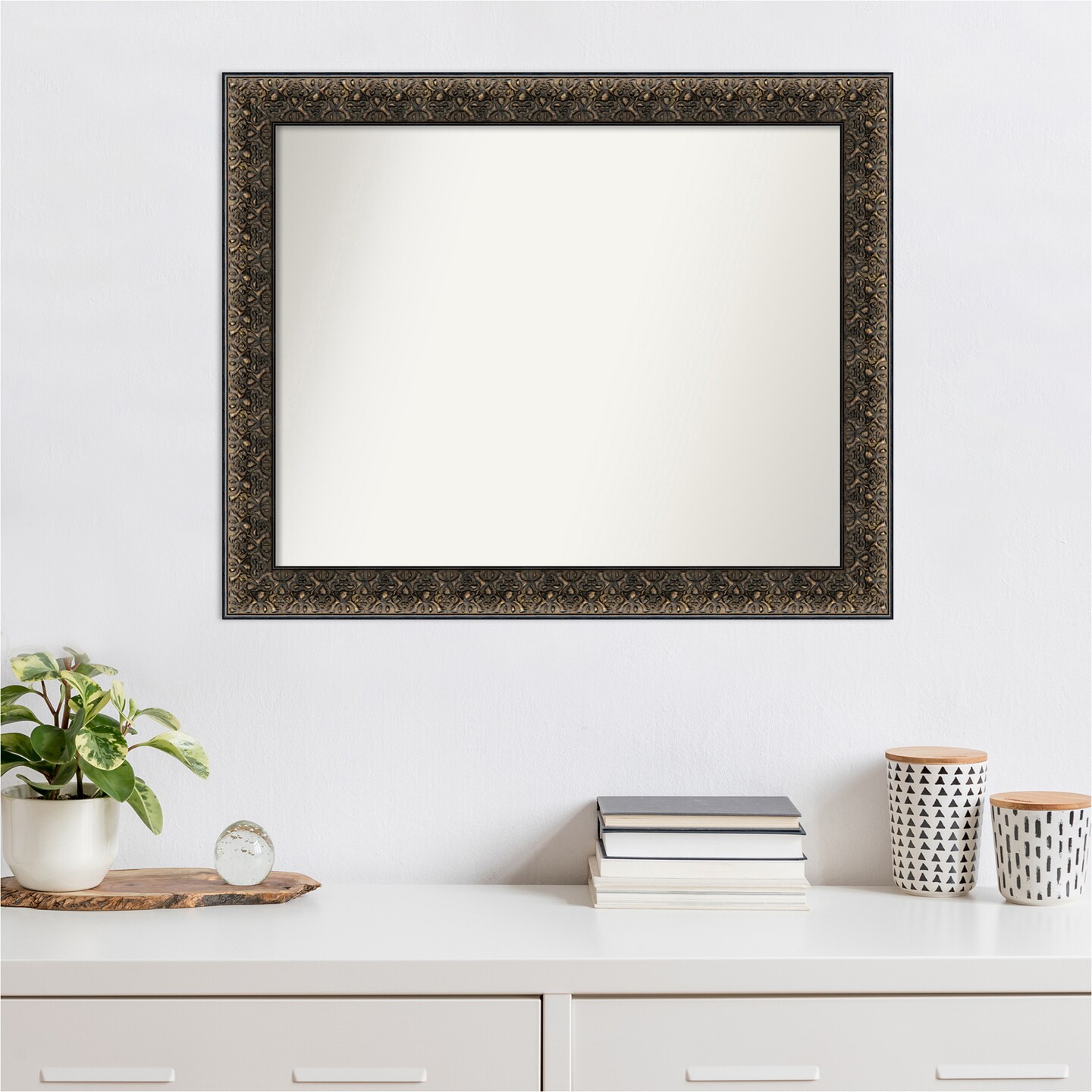 Amanti Art Non-Beveled Wood Wall Mirror, Intaglio Embossed Black Frame