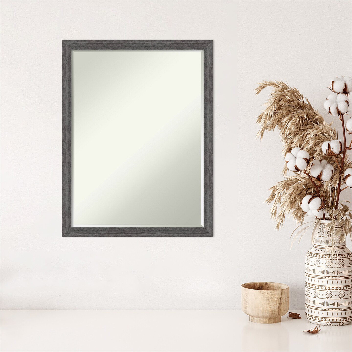 Petite Bevel Wall Mirror, Pinstripe Plank Grey Thin Frame