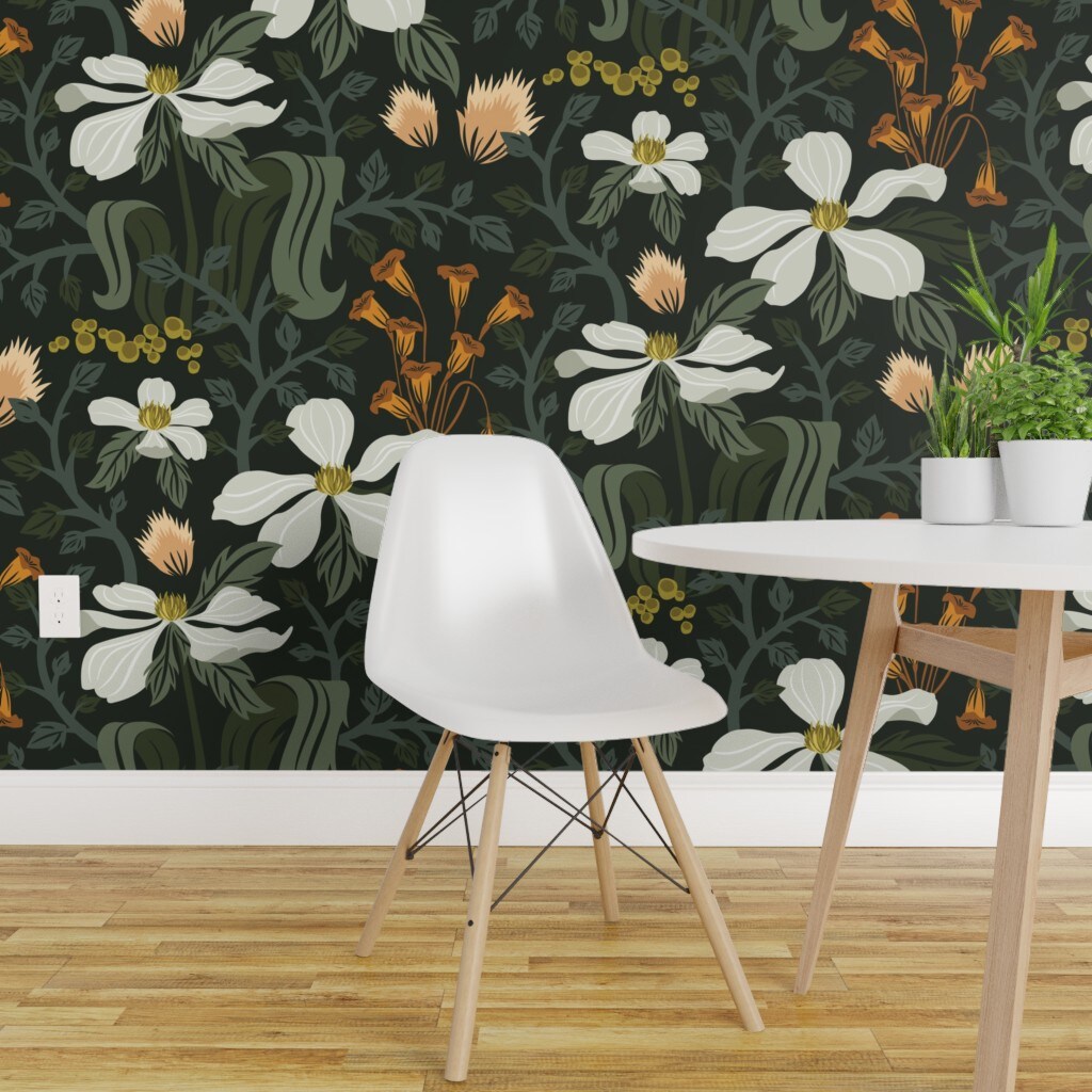 Pre-Pasted Wallpaper 2FT Wide Vines White Leaves Floral Classy Dark ...