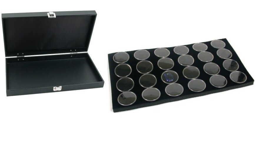 Black Jewelry Display Case (Single metal clasp) w/ Black Foam 24 Gem Jar Insert
