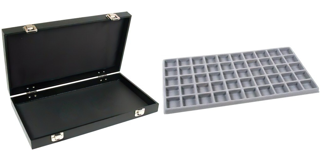 Black Jewelry Case (2xMetal Clasps & Removable Lid) w/ Gray 50-slot Plastic Tray