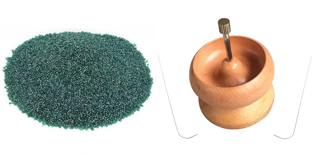 Large Wooden Bead Spinner Loader 4.5" Diameter & 500 Grams Green Glass Seed Beads 11/0
