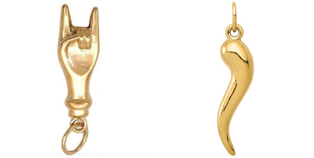 14k Yellow Gold Italian Horn & Good Luck Hand/Sign Language Charms
