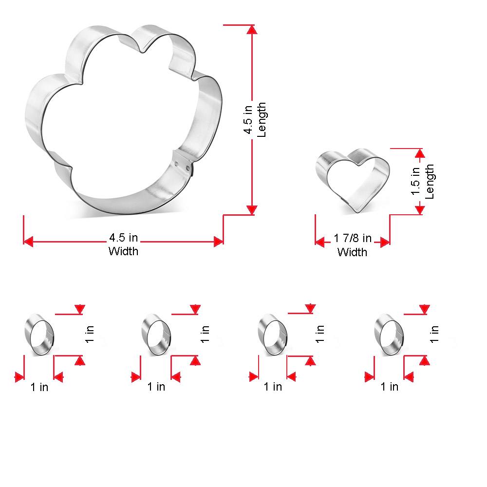 CookieCutter.com Paw Print Dog Treat 6 Piece Cookie Cutters Set, Cat Paw Print, Heart, Toes, Tin Plate Steel, USA