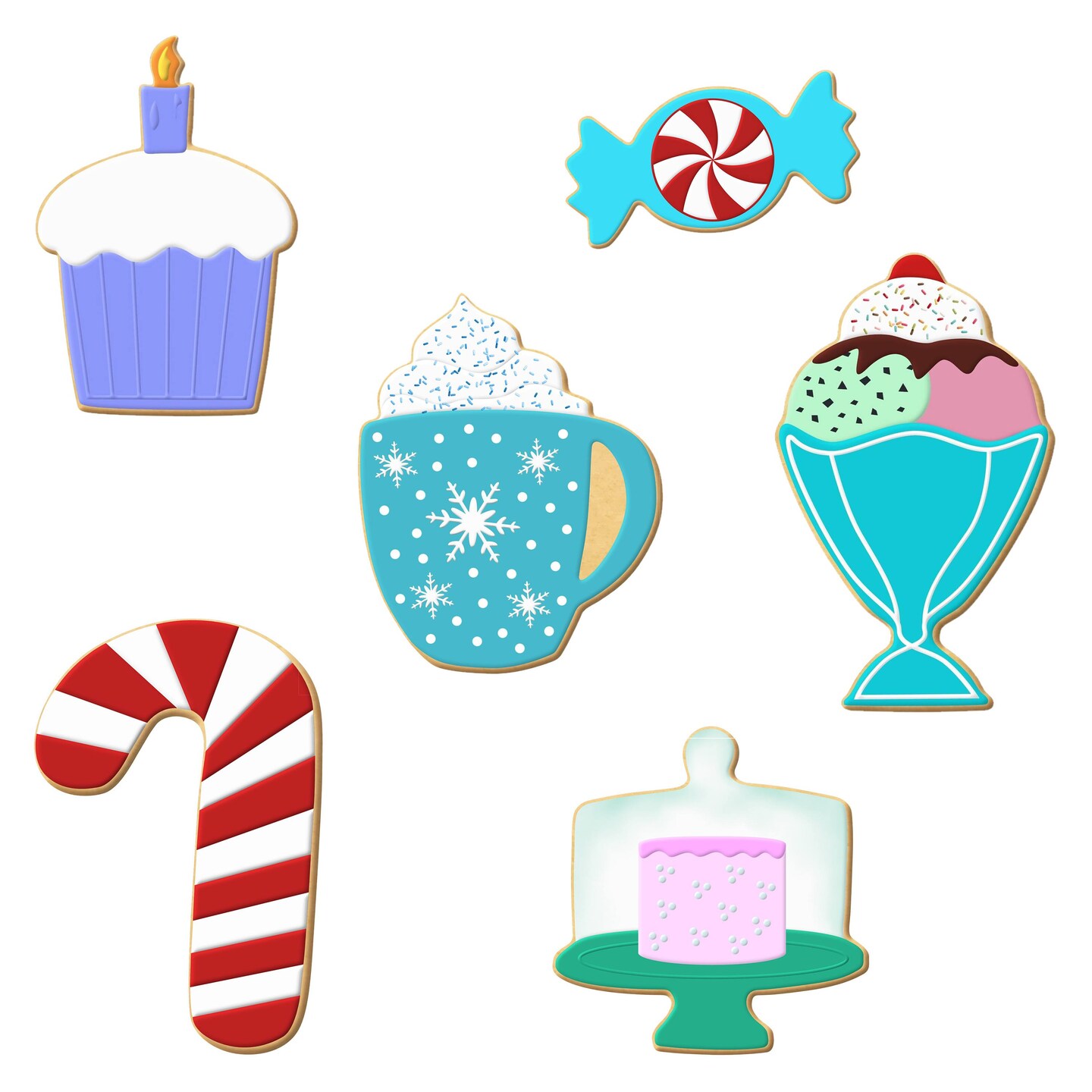 CookieCutter.com Christmas Sweets 6 Piece Cookie Cutters Set, Ice Cream Sundae, Candy Cane, Coffee Mug, Cake, Tin Plate Steel, USA