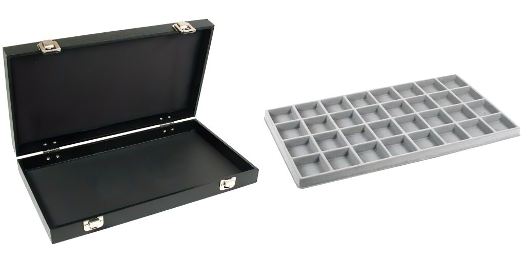 Black Jewelry Case (2xMetal Clasps & Removable Lid) w/ Gray 32-slot Plastic Tray