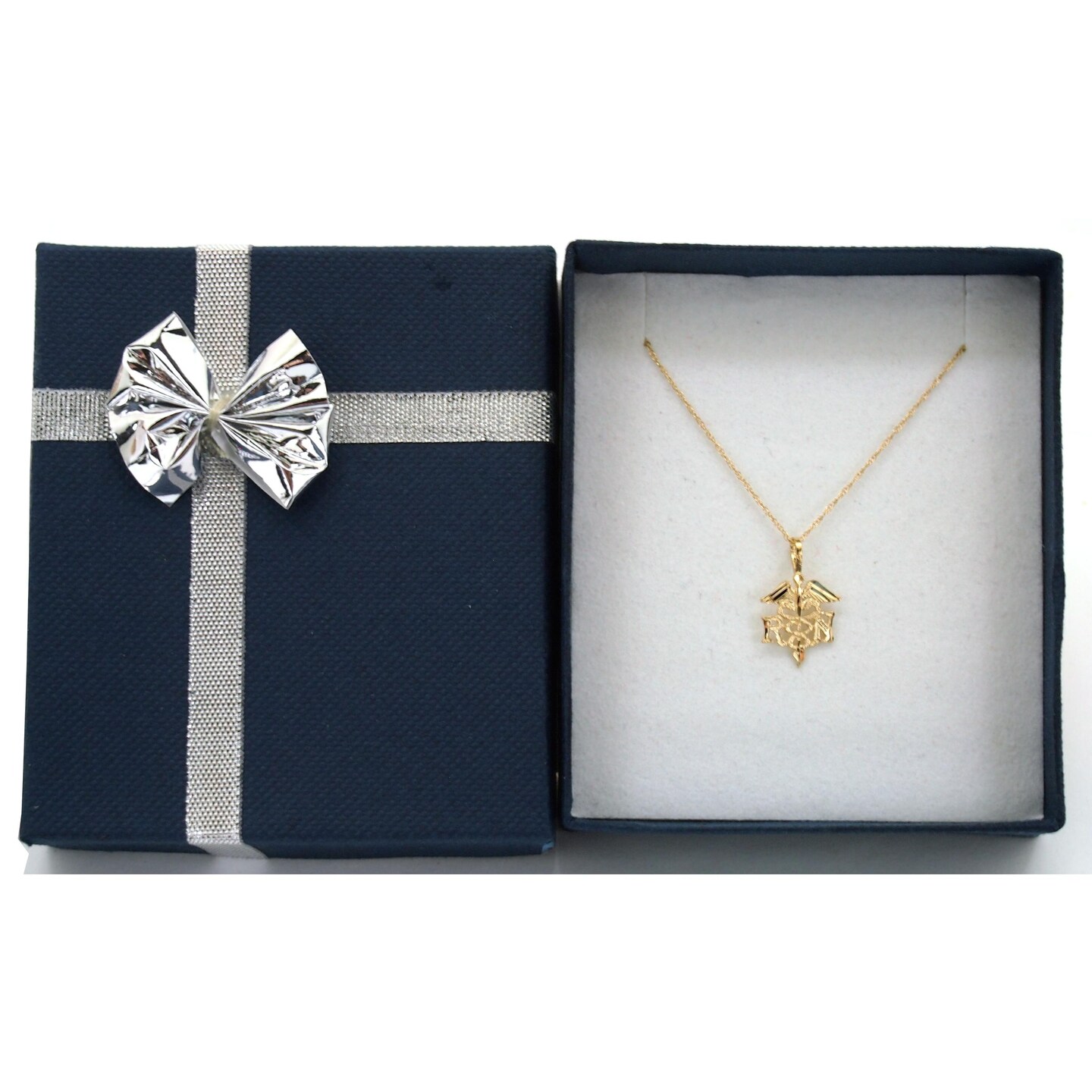 14K Gold RN Nurse Caduceus Symbol Charm with 18&#x22; Gold Cable Chain &#x26; Gift Box