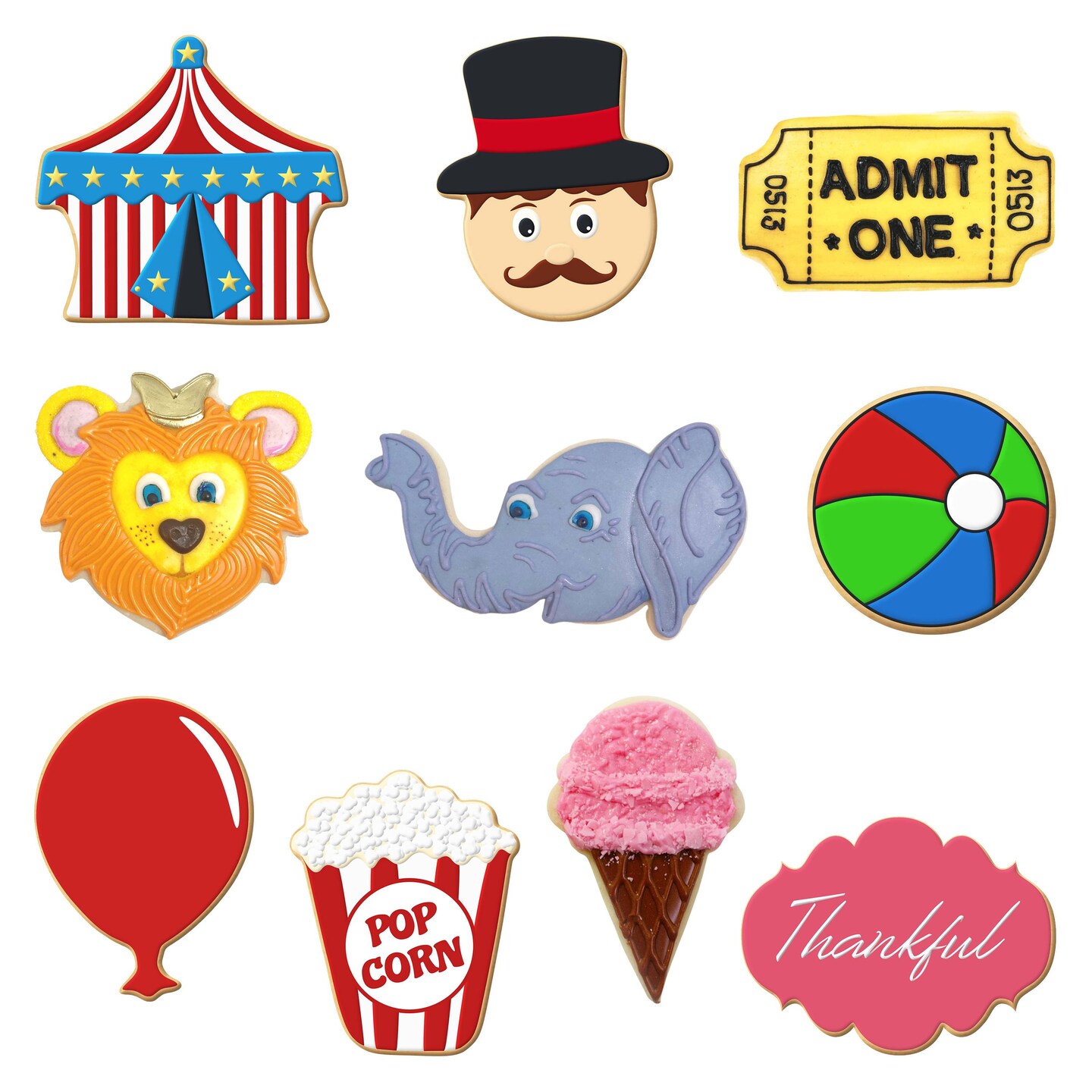 CookieCutter.com Circus Birthday 10 Piece Cookie Cutters Set, Tent, Ringmaster, Ball, Lion Face, Elephant, Ticket, Ice Cream, Tin Plate Steel, USA