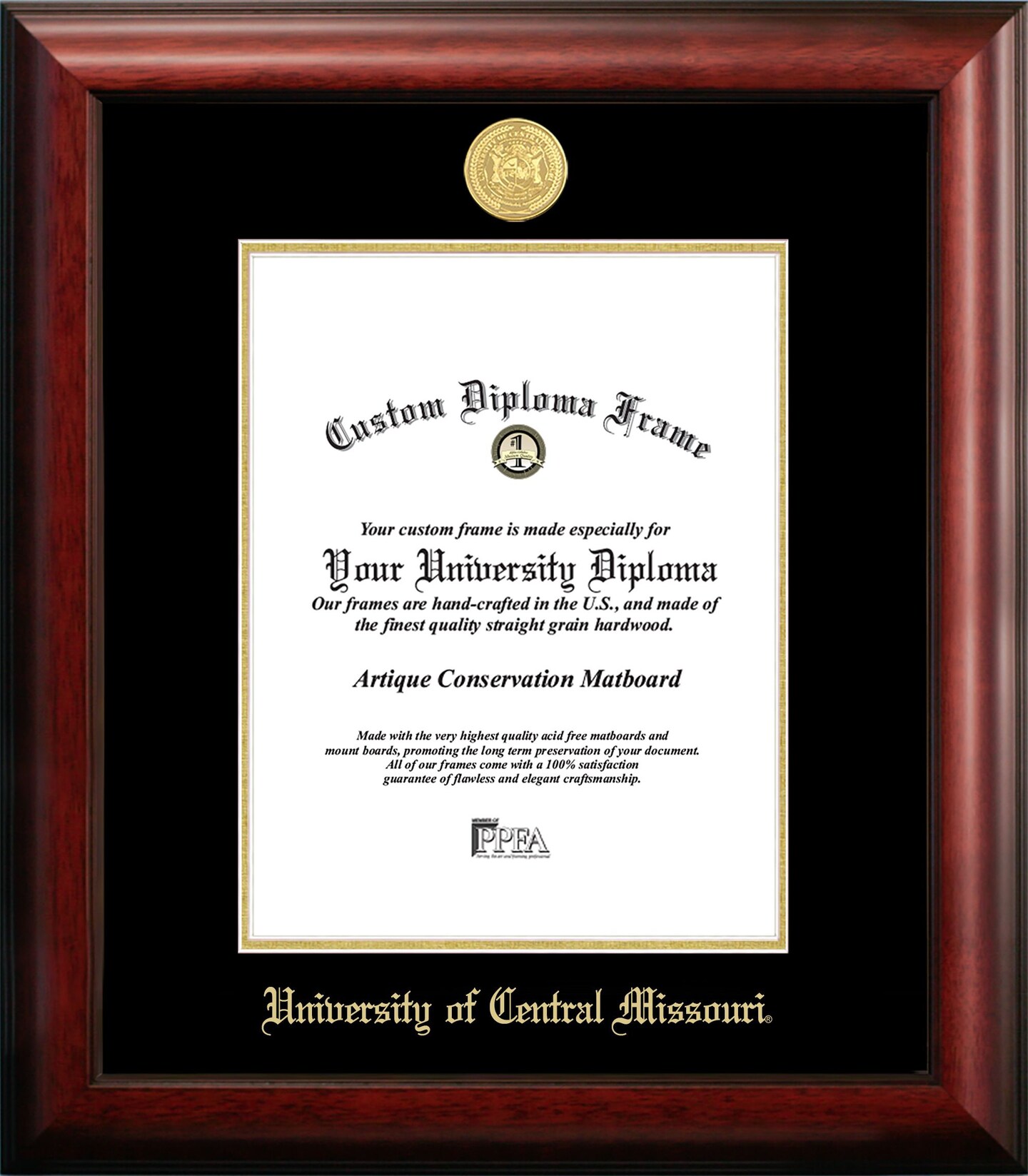 University Central Missouri 8.5w x 11h Gold Embossed Diploma Frame