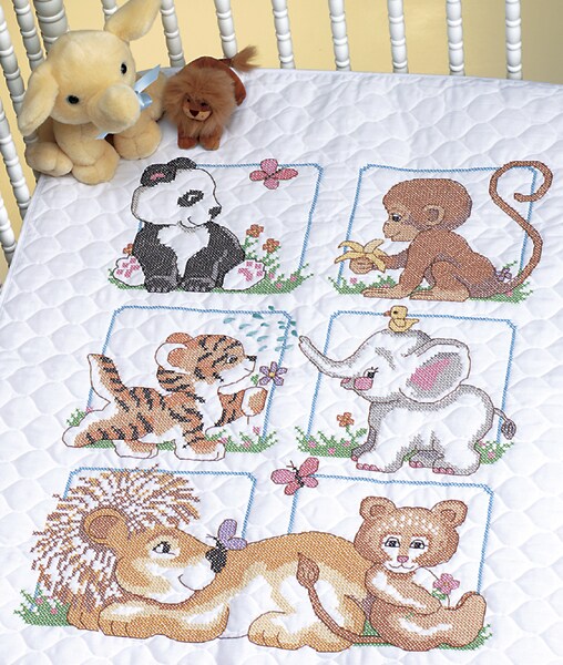 Dimensions Baby Hugs Quilt Stamped Cross Stitch Kit 34X43-Animal Babies