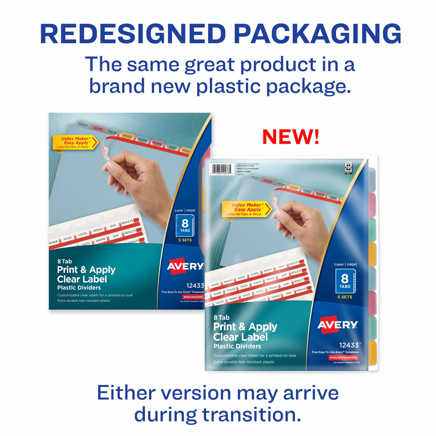 Avery 8 Tab Plastic Dividers for 3 Ring Binder, Easy Print & Apply Clear Label Strip, Index Maker Customizable Multicolor Tabs, 5 Sets (11433)