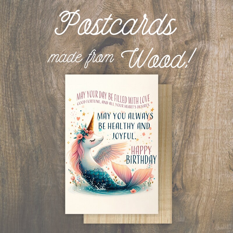 Birthday Unicorn Wooden Postcard