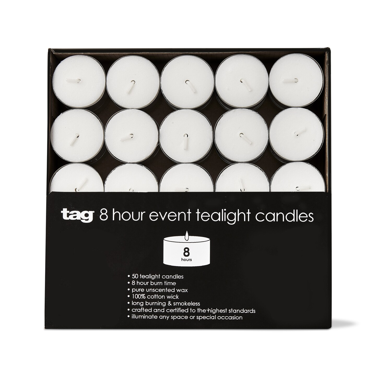 8 Hour Event Tealight Candles Set of 50 White Wax Tea Lights for Everyday Use Burn Time 8 Hours 0.88 in H x 1.5 in Dia