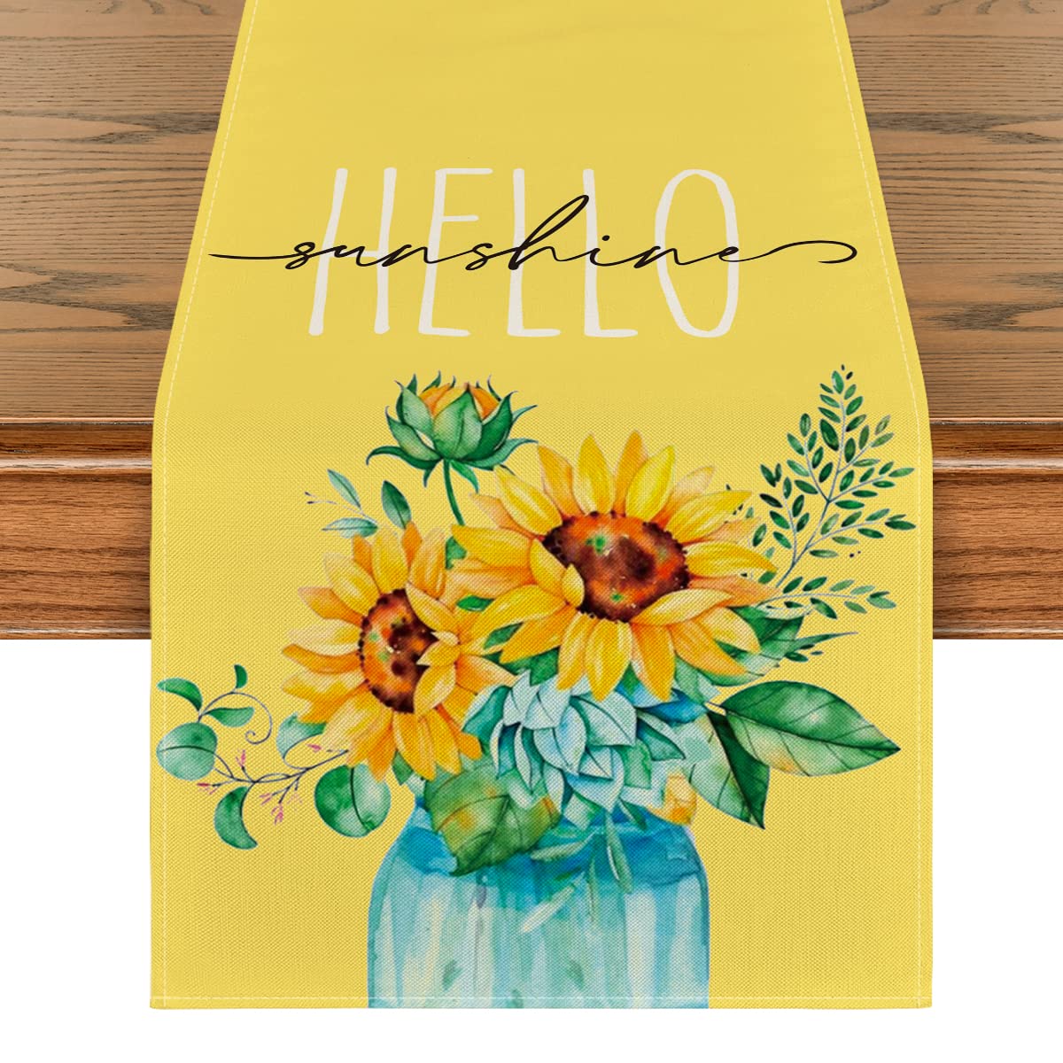 Yellow Hello Sunshine Sunflower Summer Table Runner, Spring Seasonal Anniversary Holiday Kitchen Dining Table Decoration for Indoor Outdoor Home Party Decor 13 x 72 Inch