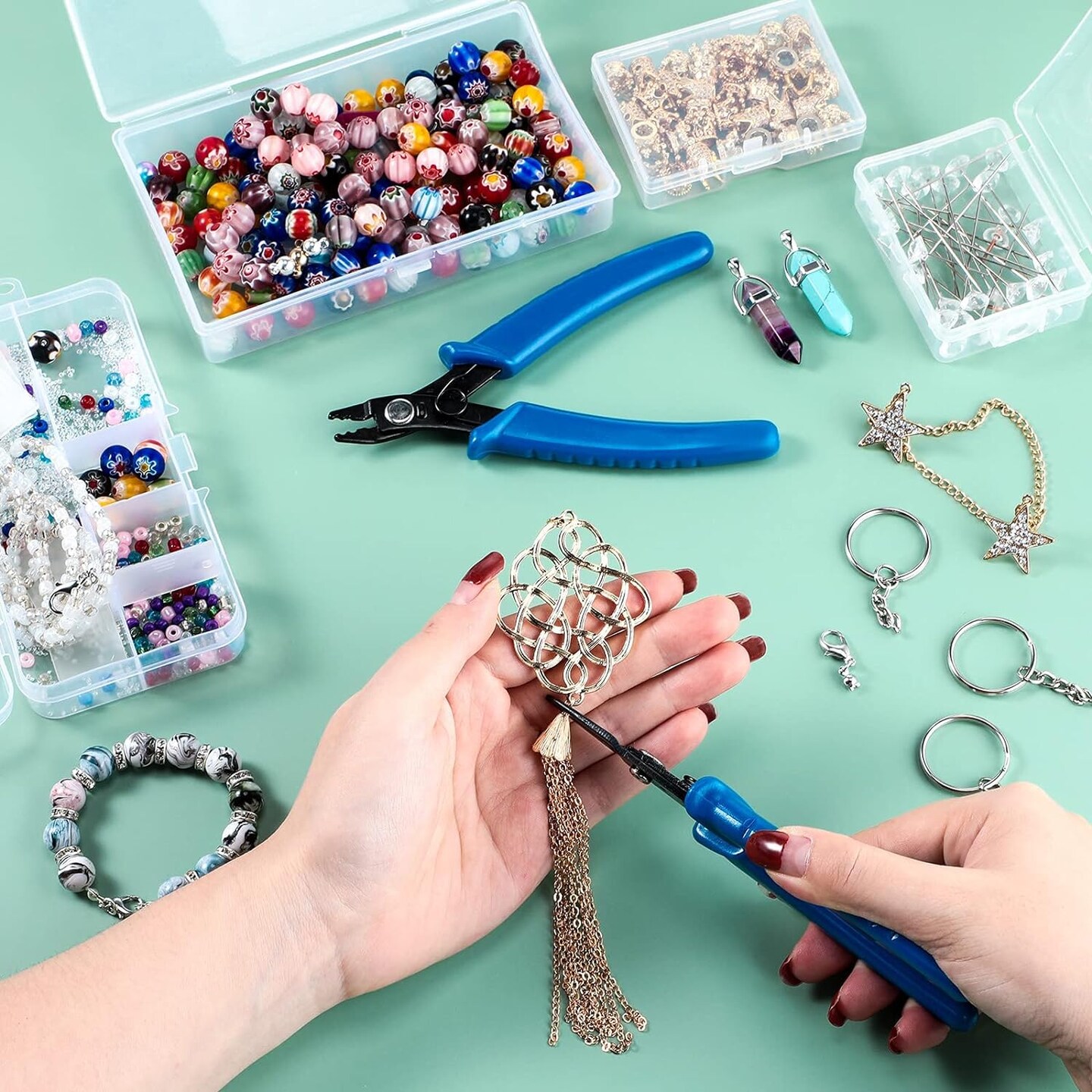 2 Pcs Split Ring Pliers Crimping Pliers Jewelry Jump Ring jewelry Pliers for Opening Split Ring or Key Chain, Wire Flush Cutter Pliers Set for Jewelry Beading Repair Making Supplies (Ring Pliers)