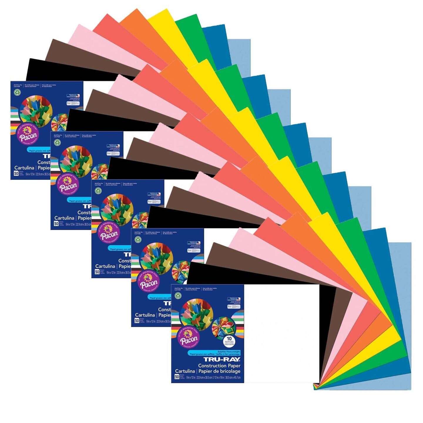 Construction Paper, Standard Assorted, 12&#x22; x 18&#x22;, 50 Sheets Per Pack, 5 Packs
