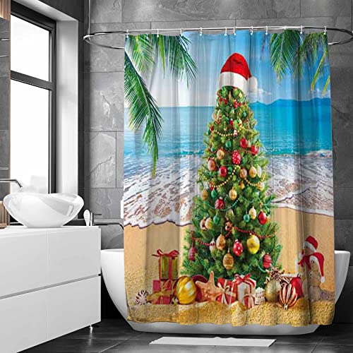 Summer Christmas Tree Shower Curtain Tropical Beach Xmas in July New Year Home Bathtubs Bathroom Curtain Decoration Set 12 Hooks Washable Durable Polyester Fabric 72&#x22; x 72&#x22;