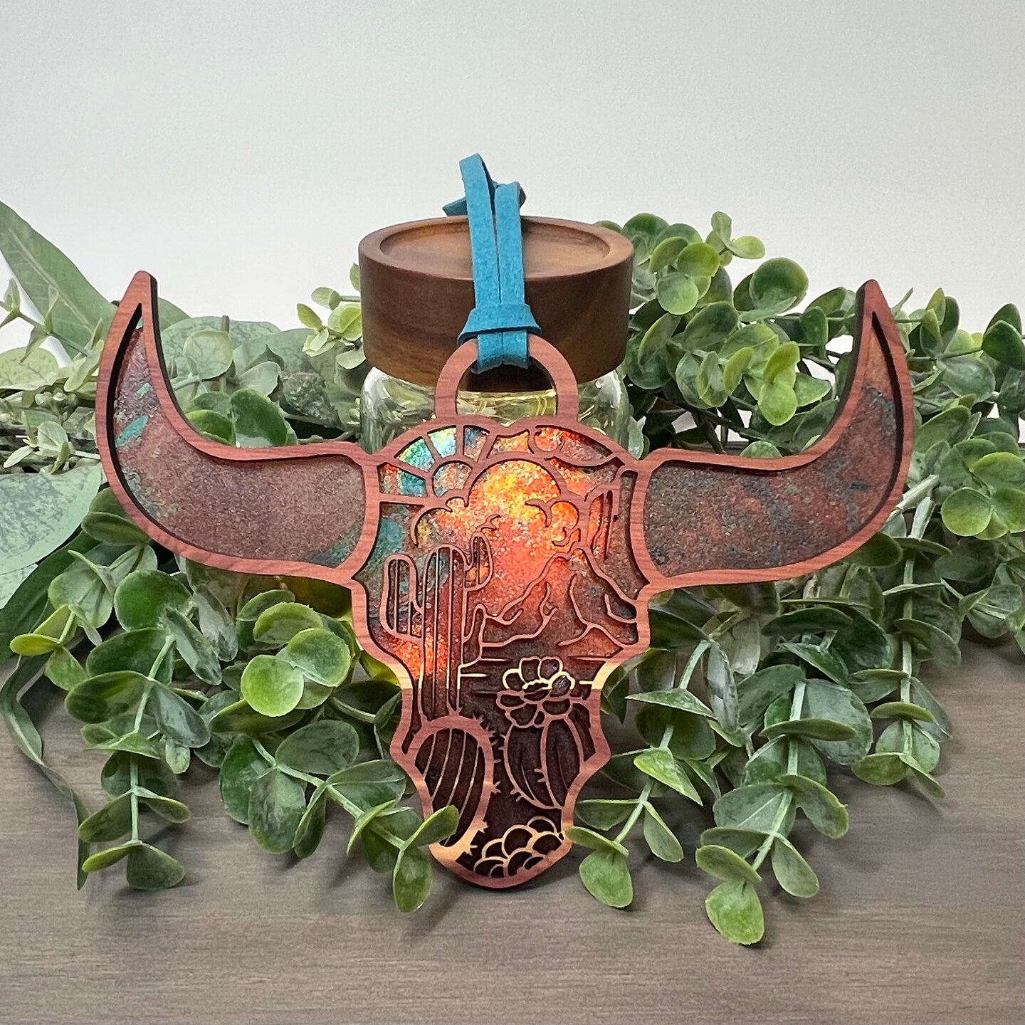 Desert Themed Cow Skull Sun Catcher (Aromatic Cedar and Copper