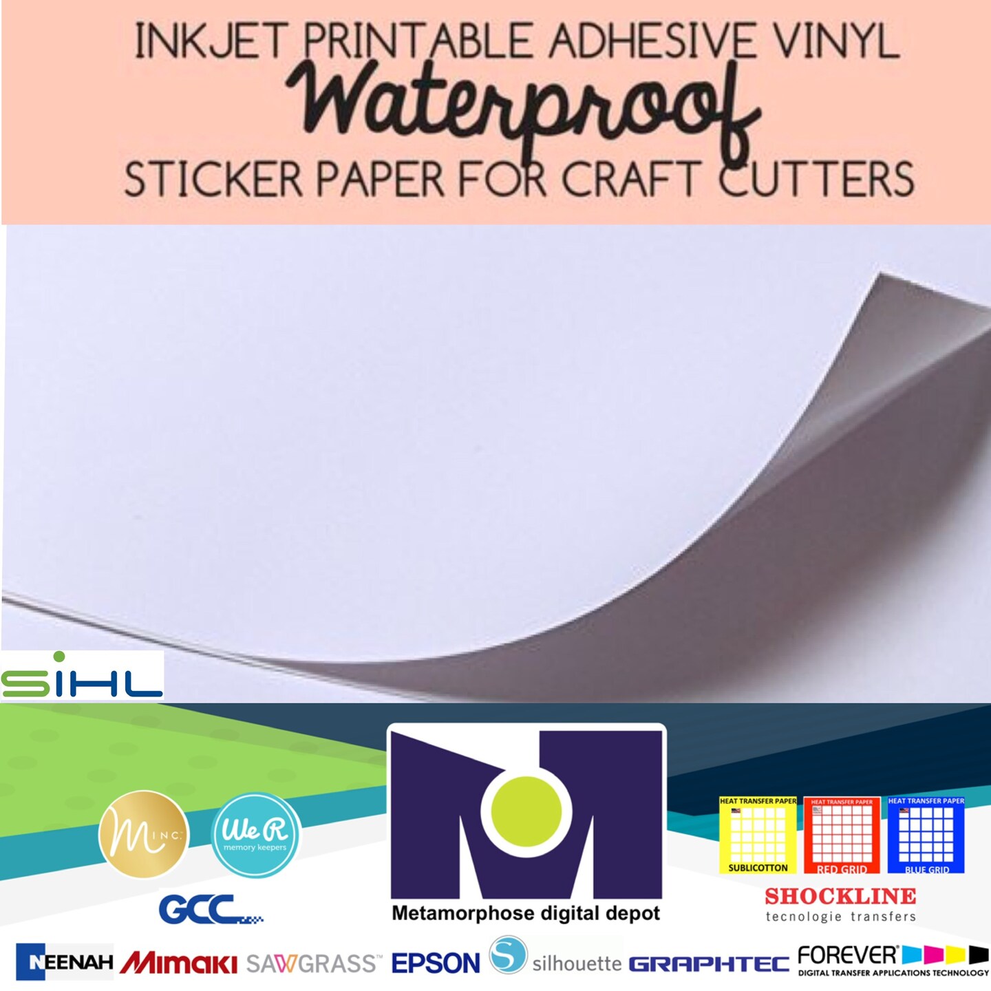SIHL Inkjet Printable White Vinyl GLOSS 20 Sheets, 8.5&#x22;x11&#x22; Waterproof