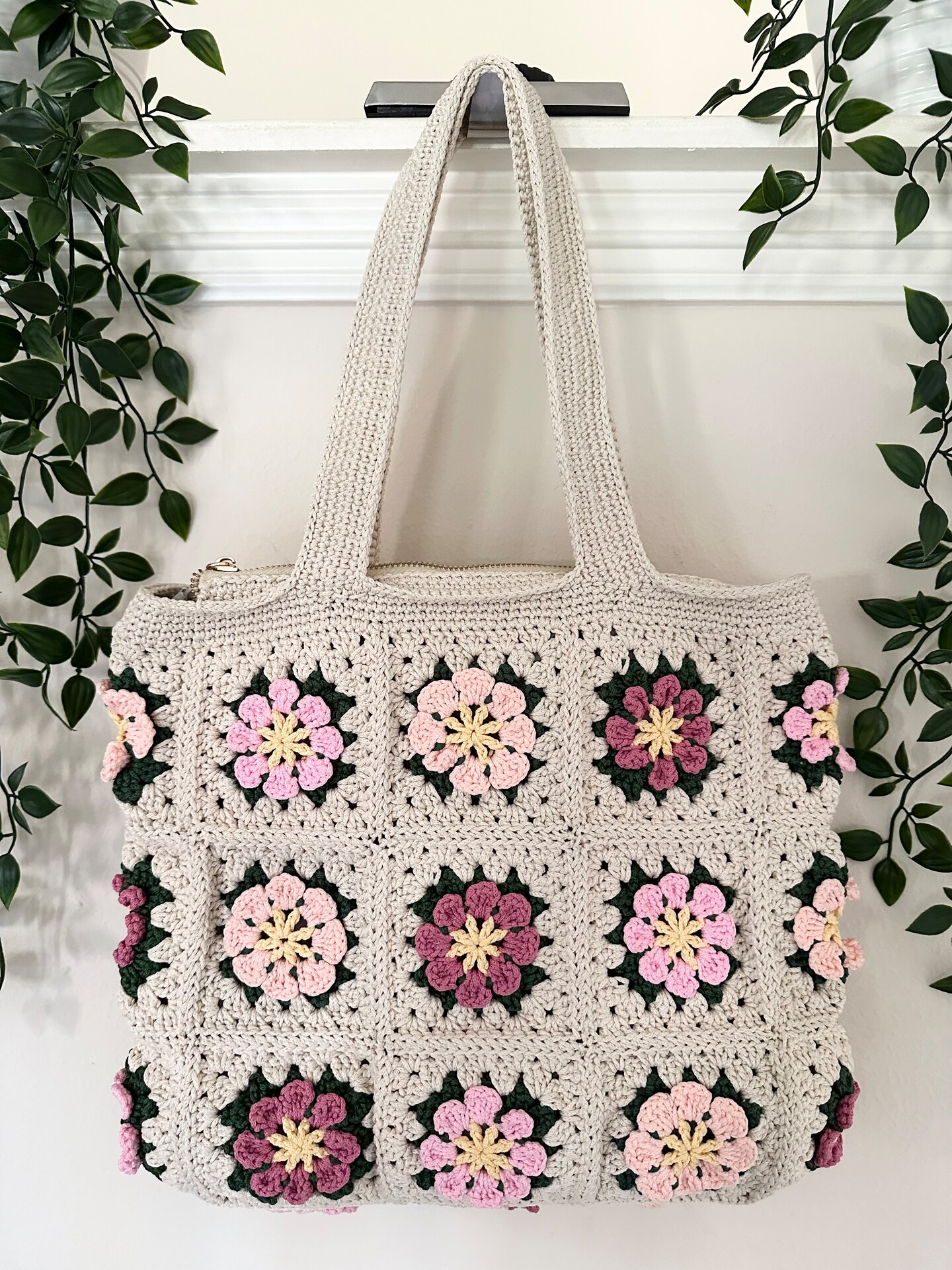 Handmade Crochet Flower Bag Purse with Zipper n Inner Cloth