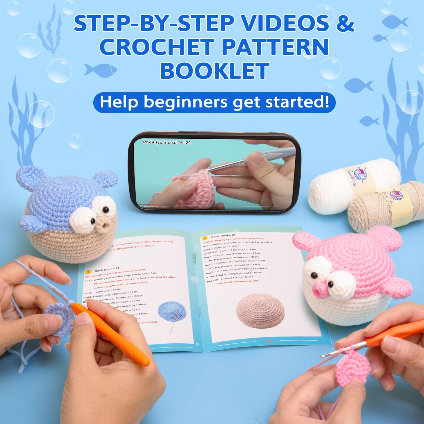 Crochet Kit for Beginners, Beginner Crochet Starter Kit with Step-by-Step Video Tutorials, Learn to Crochet Kits for Adults and Kids, DIY Knitting Supplies, 2 Pack Pufferfish (40%+ Yarn)
