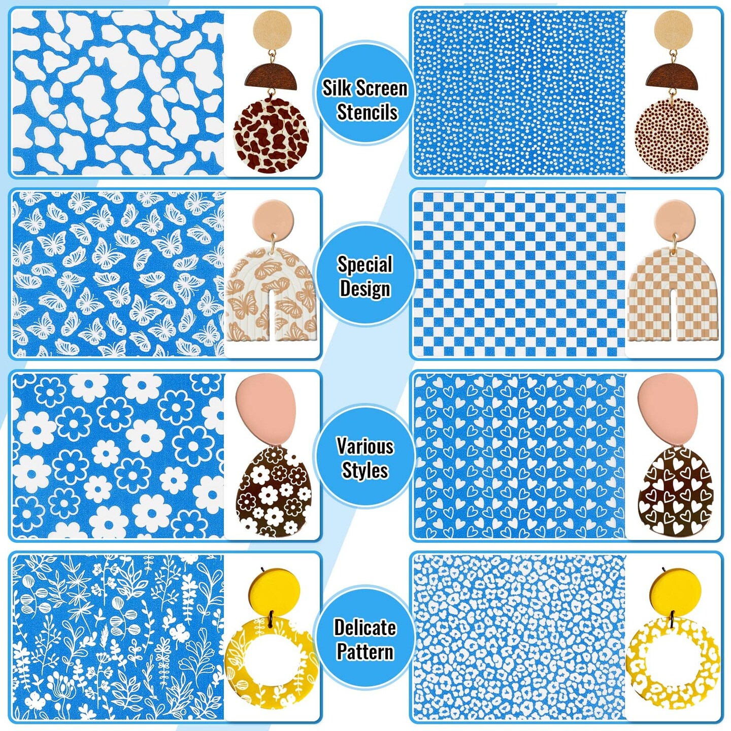 9 Pieces Silk Screen Stencil for Polymer Clay Texture Sheet Cutter Tool Reusable Silkscreen Print Kit with Scraper Self Adhesive Silk Screen Printing for Jewelry Earring Making DIY Craft Supply (Flower)