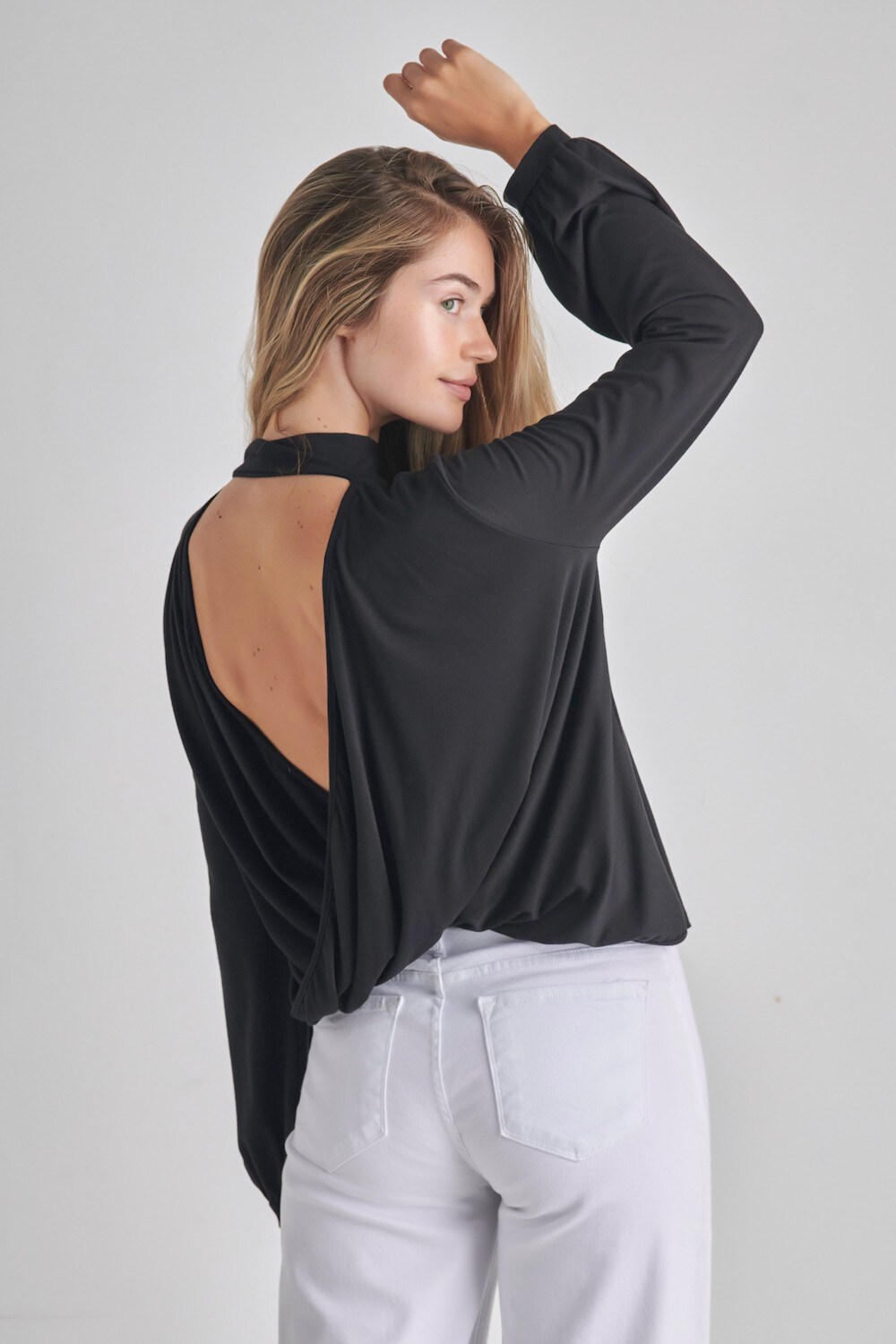 Long Sleeve Back Drop Mock Neck Top | 95% Rayon 5% Spandex | RADYAN®