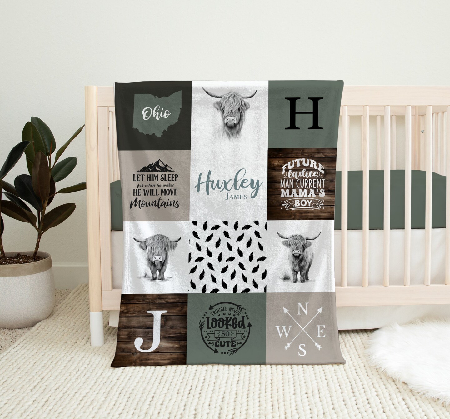product name is Boho Blanket, Little Boy Blanket, Gift For Baby Boy, Birthday Boy, Boy Nursery, Baby Shower, Highland Cow, Bedding, Newborn Gift, Boho.