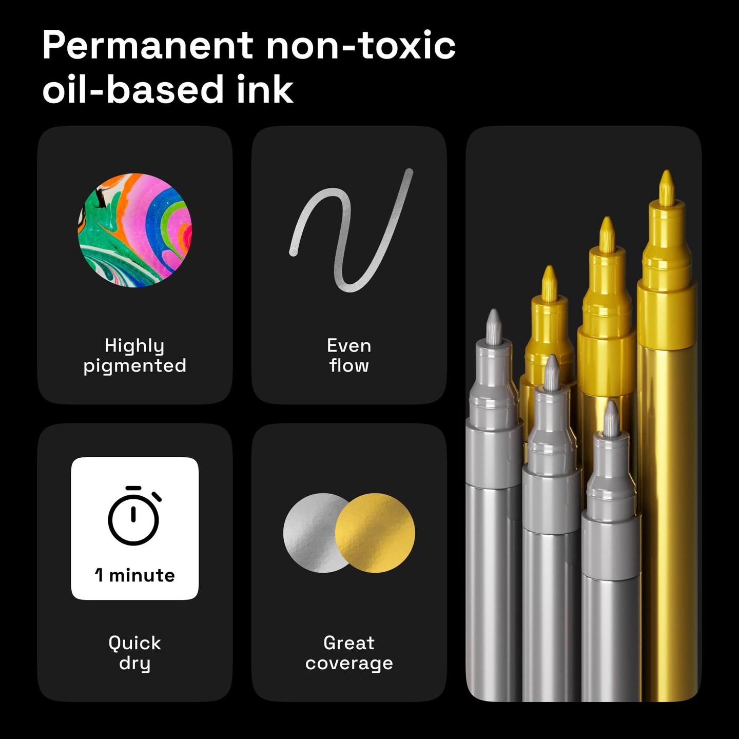 6 Pieces Metallic Acrylic Paint Pens for Rock Painting, Stone, Ceramic, Glass, Wood, Fabric, Canvas, Metal, Scrapbooking (6 Pack) Set of 3 Gold &#x26; 3 Silver Acrylic Paint Markers Water-Based Extra-Fine Tip 0.7mm
