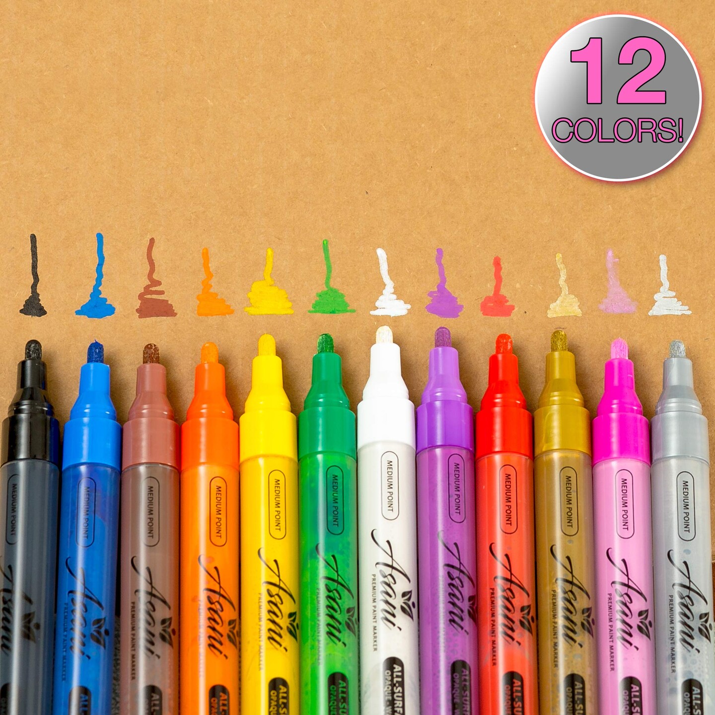 12 Color Paint Pens Acrylic Markers Set | For Rock Painting, Glass, Wood, Porcelain, Ceramic, Fabric, Paper, Kindness Rocks, Mugs, Calligraphy, Unique Arts and Crafts Supplies (Medium Point)