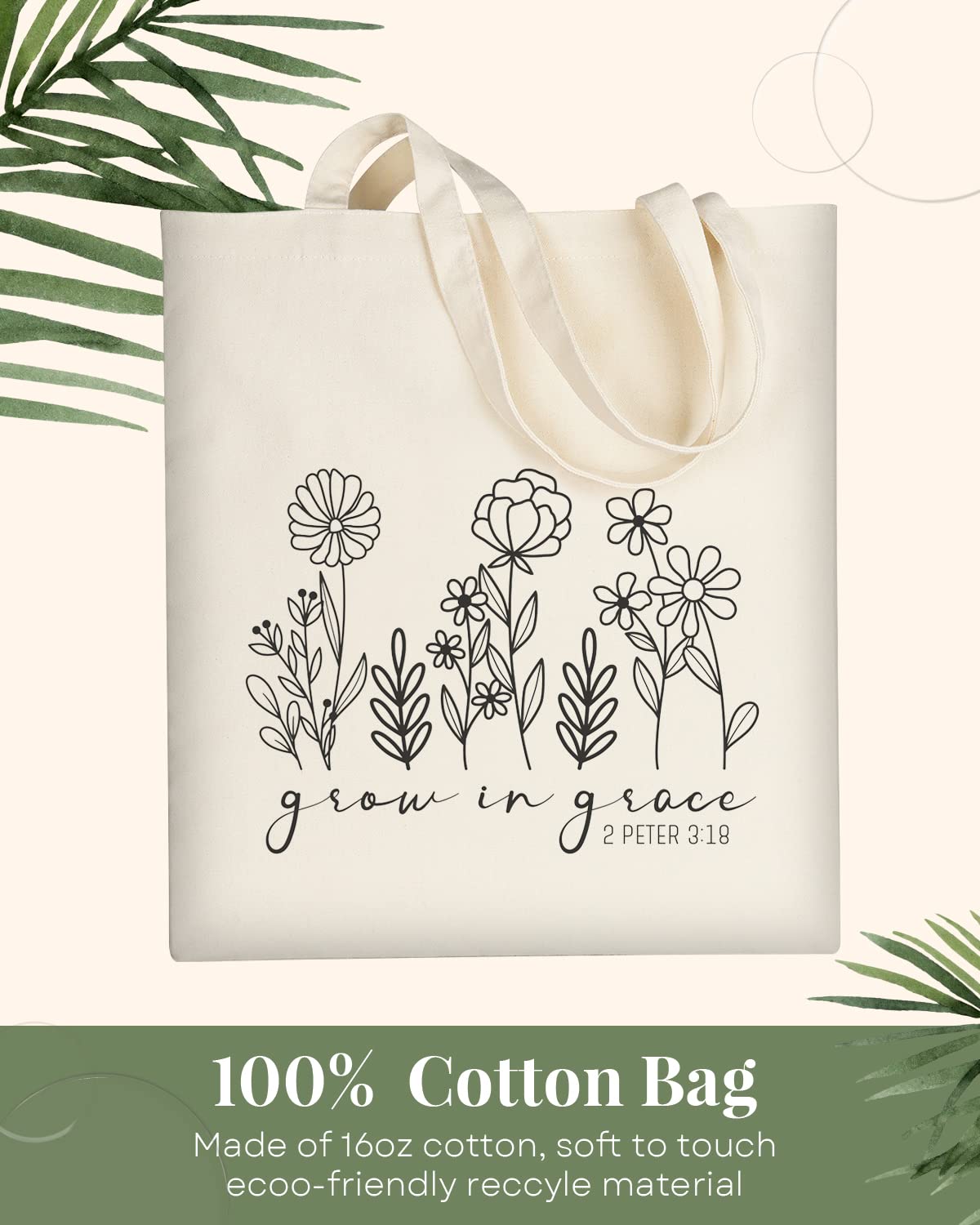 AUSVKAI Canvas Tote Bag Aesthetic for Women, Cute Trendy Grow in grace Reusable Cloth Cotton Bags with Handle for Grocery College Shopping Beach