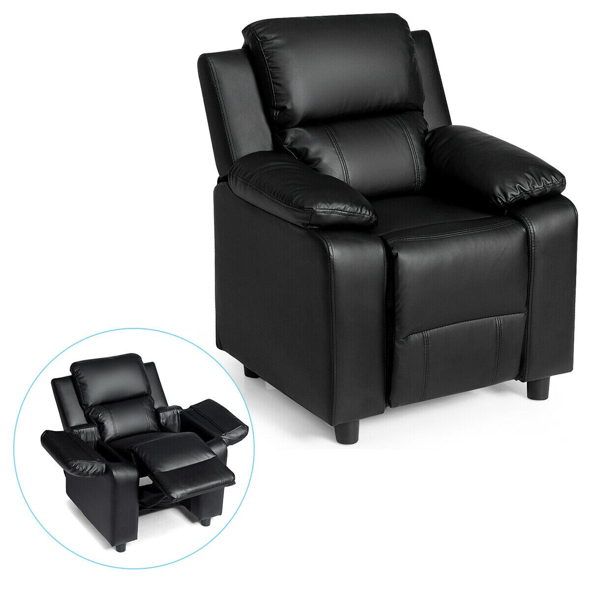 Deluxe Padded Kids Sofa Armchair Recliner Headrest Children W/ Storage Arm Black