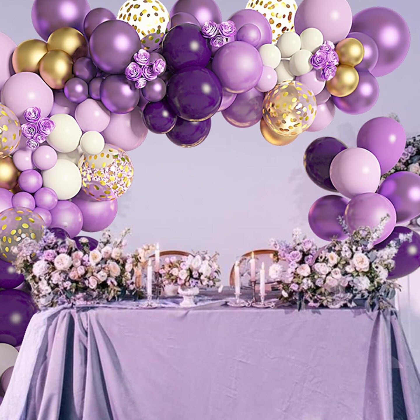 150Pcs Purple Balloons Garland Arch Kit, Light Pastel Purple Gold White Balloons Confetti Latex Metallic Balloons for Women Birthday Baby Shower Wedding Party Decorations Supplies