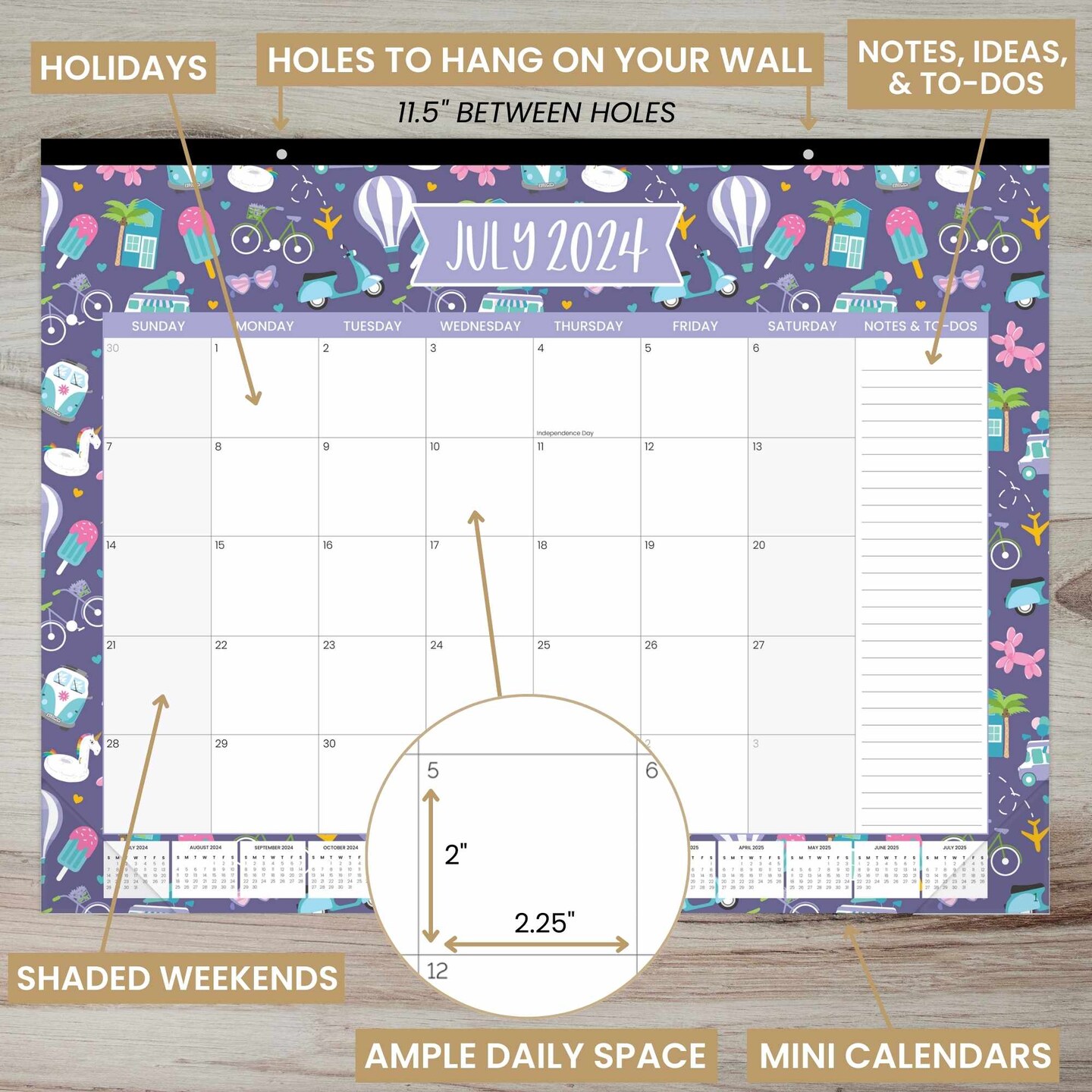 bloom daily planners 2024-25 Desk &#x26; Wall Calendar, 16&#x22; x 21&#x22;, Holiday Icons