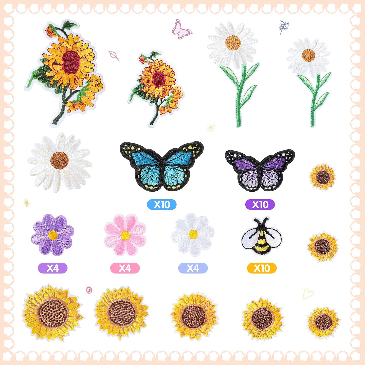 55 PCS Embroidered Flowers Iron on Patches Butterfly Sew on Patch Sunflowers Appliques Patches Bee Embroidered Patches Decoration DIY Craft Patches for Clothes Jackets Jeans Dress Pants Decor