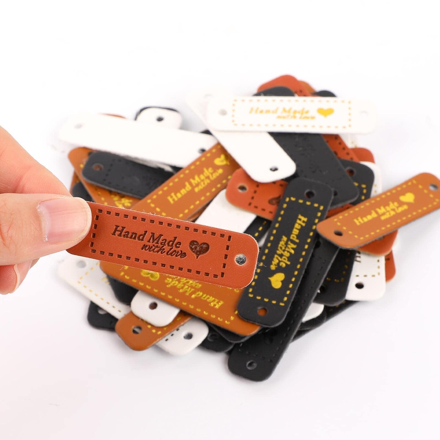 60 Pieces Handmade with Love Tags Handmade PU Leather Labels Sewing Labels for Handmade Items with Hole Microfiber Colorful Leather Labels for Embellishment Crochet Knitting Hats DIY Craft Supplies