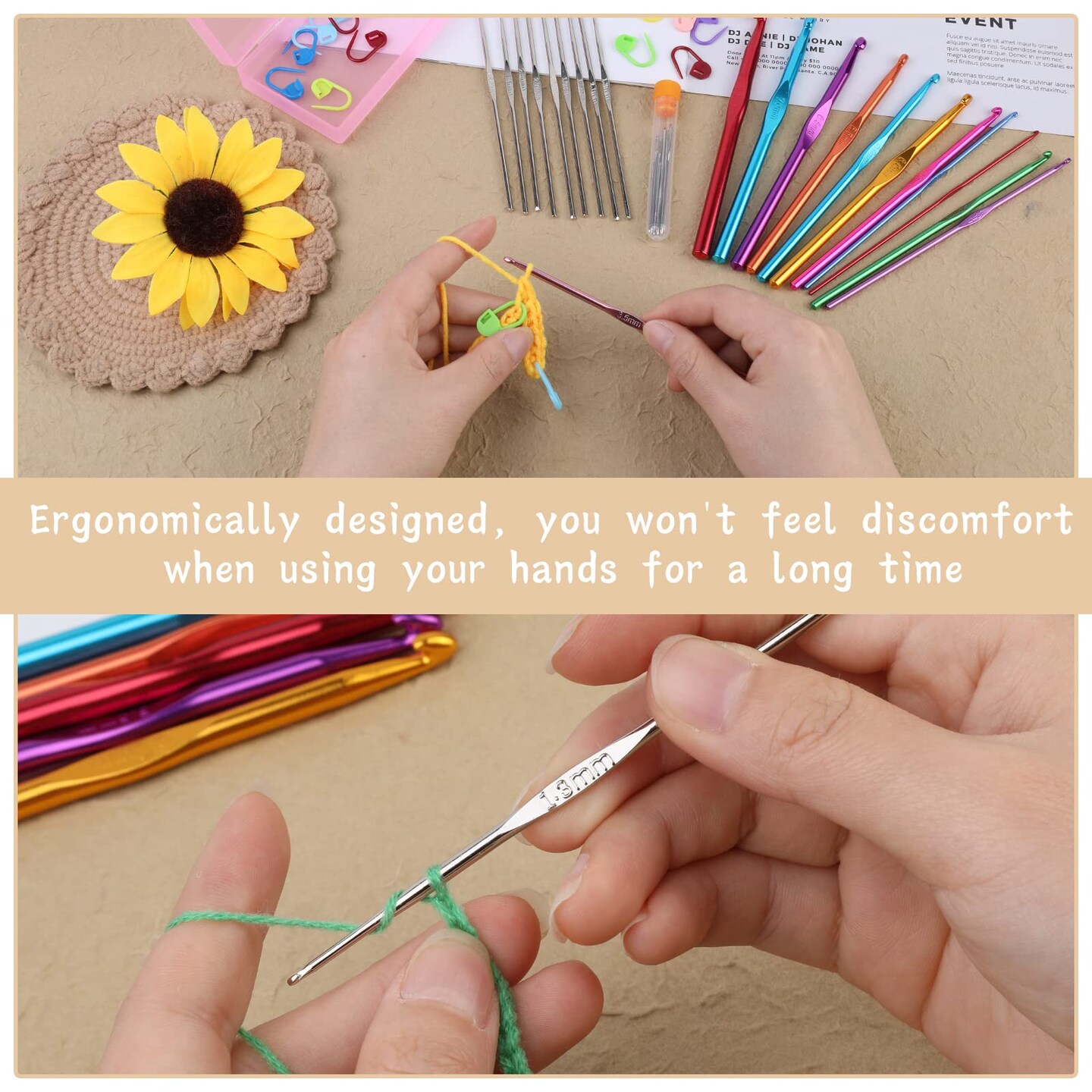48 Pieces Crochet Hooks Set, 21 Sizes Crochet Needles with Case, Ergonomic Knitting Needles, Crochet Hooks Kit with Crochet Accessories Stitch Markers Blunt Needles for Crocheting Yarn