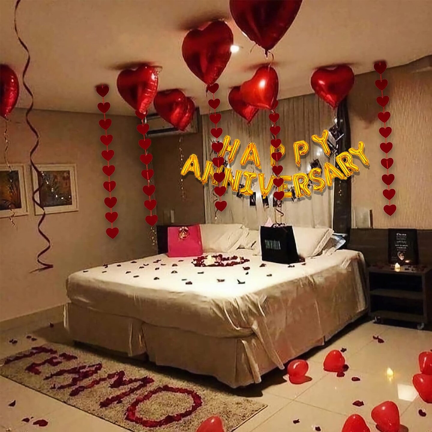Anniversary Decorations, Happy Anniversary Banner, Red Felt Garland Hanging String Hearts, Heart Balloons, Love Balloon, Red Silk Rose Petals for Wedding Bridal Shower Bachelorette Party Decorations