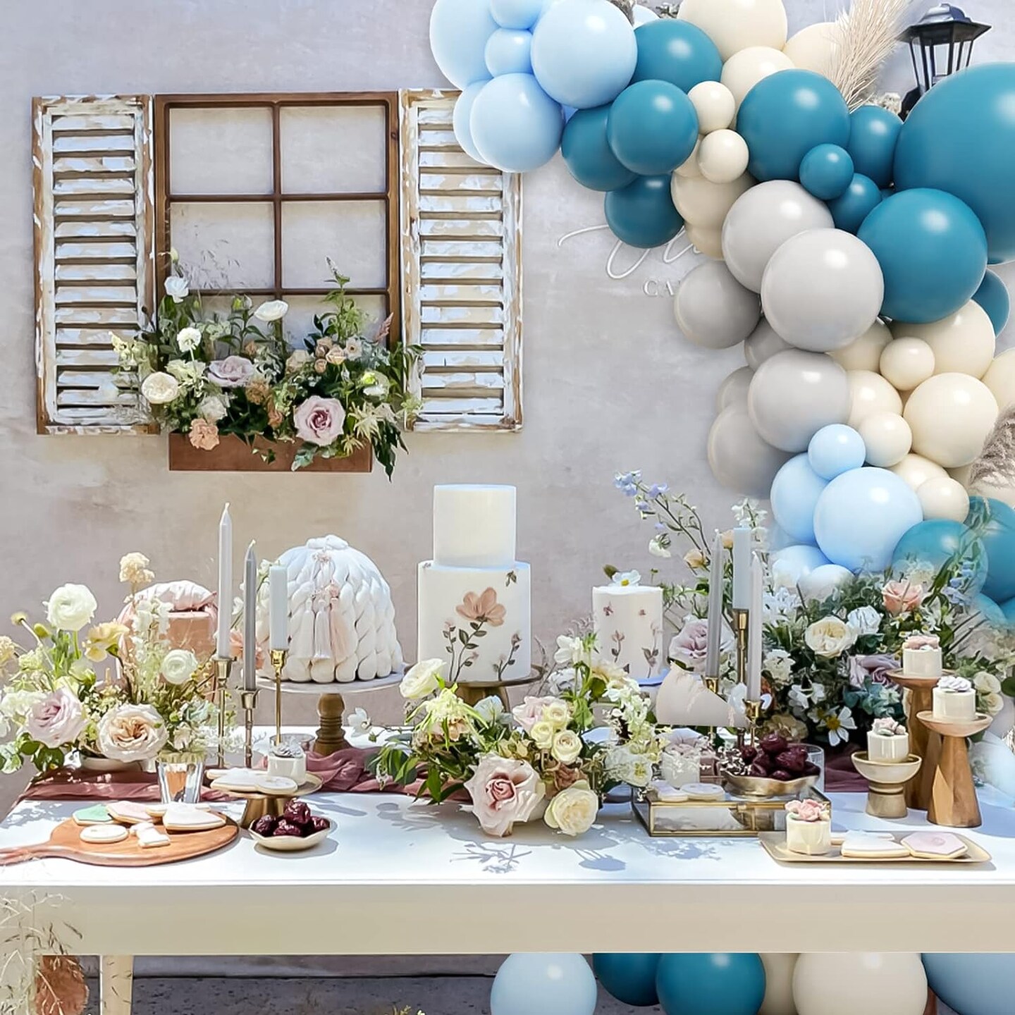 Slate Blue Balloon Arch Kit, Pastel Blue Sand White Gray Latex Party Balloons for Wedding Reception Banquet Engagement Bridal Shower Decoration
