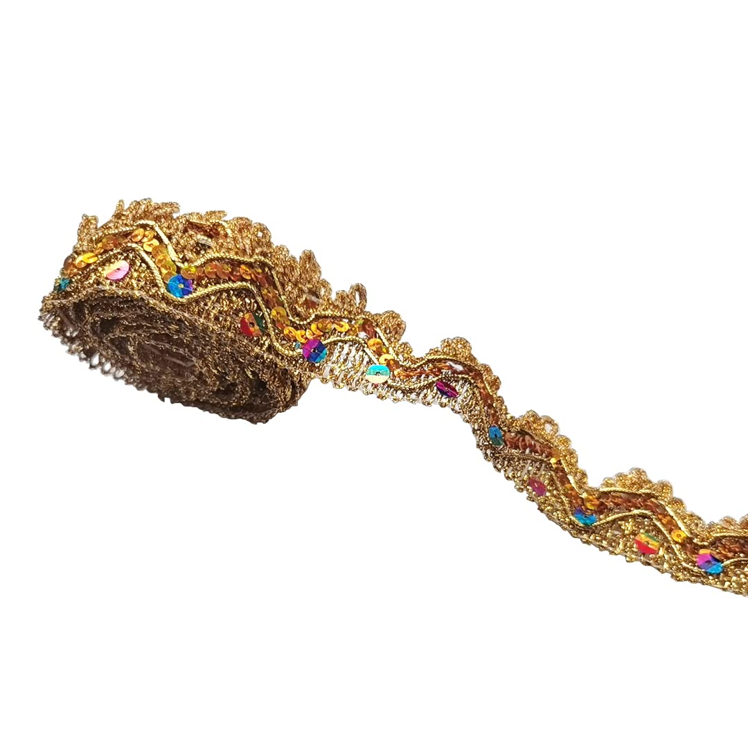 9.8 Yard Shiny Beaded Lace Trim Sequins Ribbon Vintage Decorative Wedding DIY Craft Sewing Fabric (Gold)