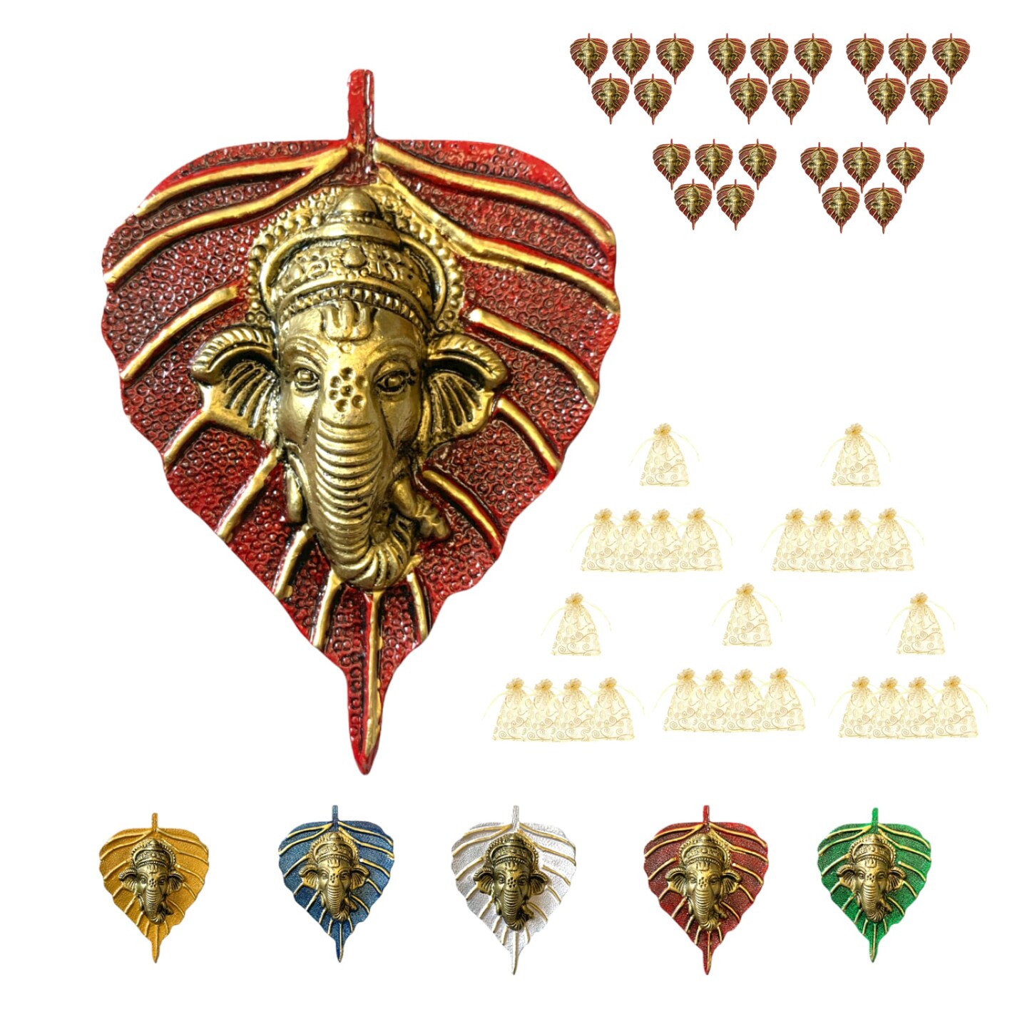 Metal Leaf Ganesha Diwali Decor Wall Hanging for Home & Office Housewarming Return Gift Pooja Favor Ganesha Decorative Wall Hanging Showpiece Pack of 1/2/5/25 Pcs