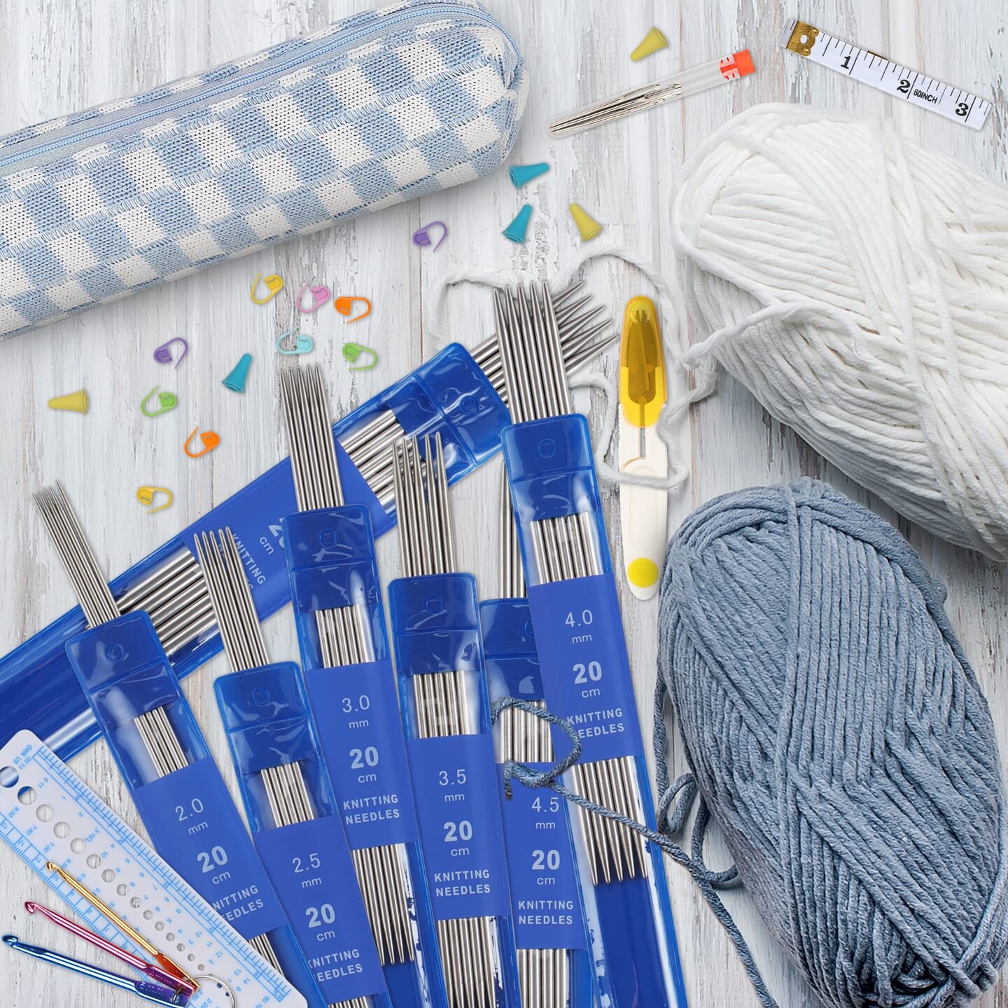 35 Pieces Short Knitting Needles Set Metal - Double Pointed Knitting Needles Stainless Steel Knitting Needles Double Ended with Case and Large-Eye Needles Stitch Markers Scissors Knitting Supplies