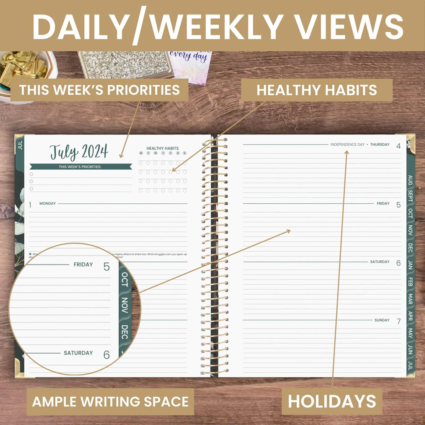 bloom daily planners 2024-25 Hard Cover Planner, 8.5&#x22; x 11&#x22;, Eucalyptus, Green