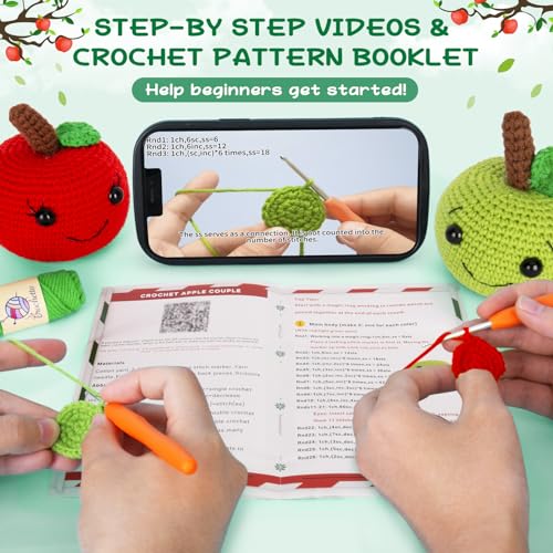 Crochet Kit for Beginners, Beginner Crochet Starter Kit with Step-by-Step Video Tutorials, Learn to Crochet Kits for Adults Kids, DIY Knitting Supplies, Apple Couple (40%+ Yarn)